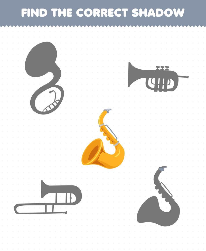 Education game for children find the correct shadow set of cartoon music instrument saxophone vector