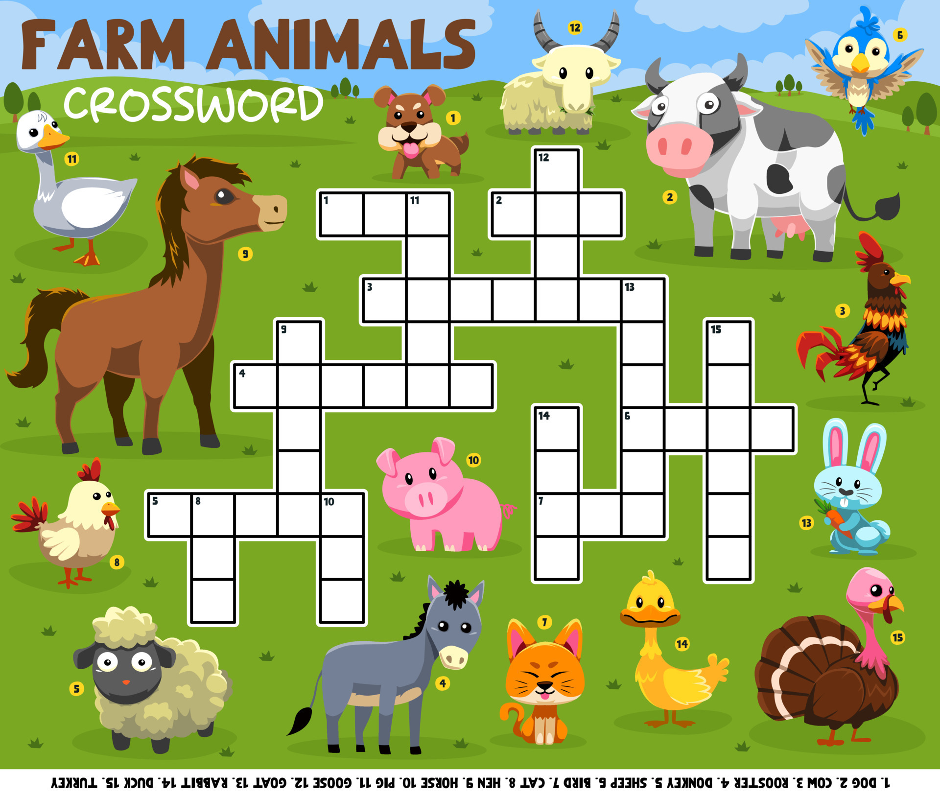 Education game crossword puzzle for learning english words with cute  cartoon farm animals picture printable worksheet 9989455 Vector Art at  Vecteezy