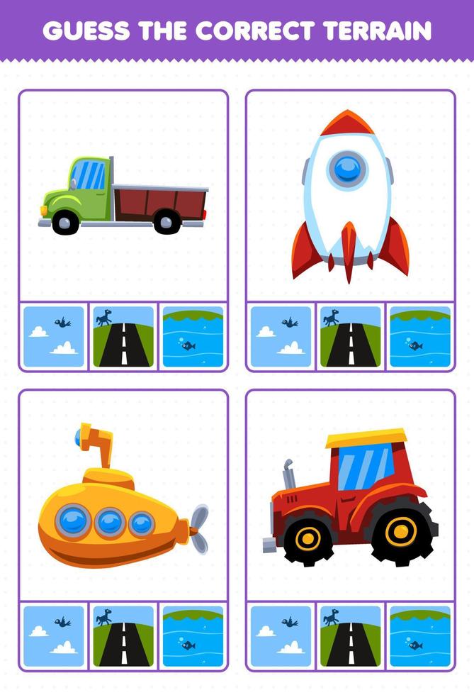 Education game for children guess the correct terrain air land or water of cartoon transportation pickup truck rocket submarine tractor printable worksheet vector