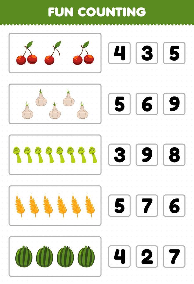 Education game for children fun counting and choosing the correct number of cartoon fruit and vegetable cherry garlic asparagus wheat watermelon printable worksheet vector