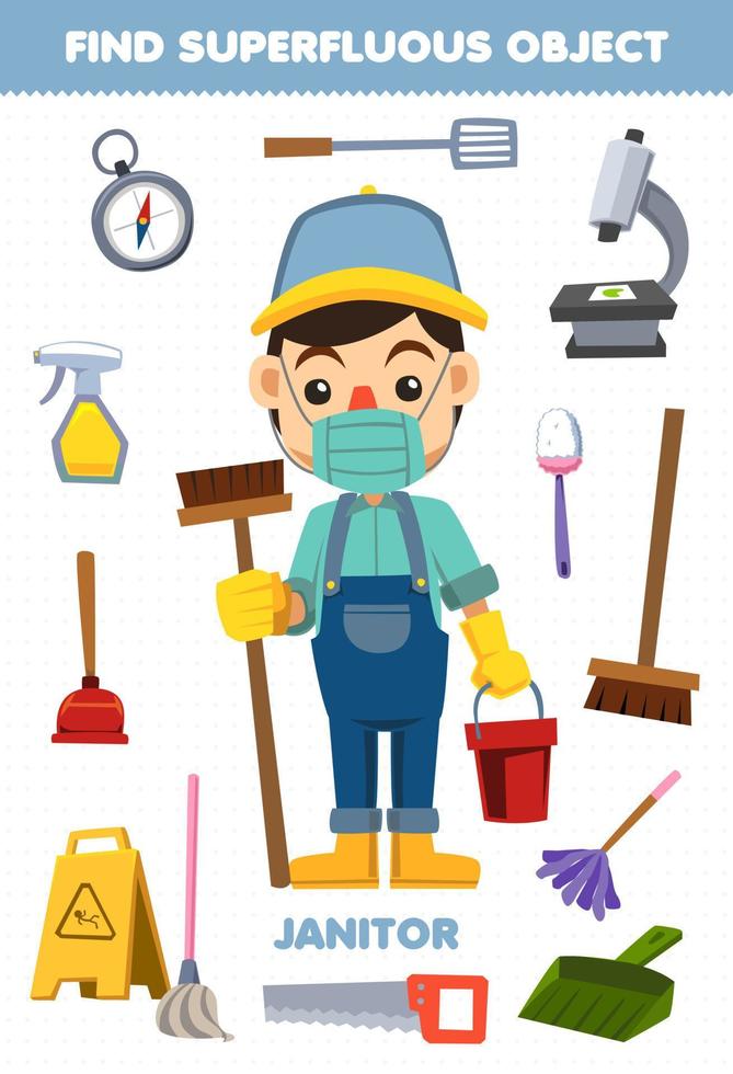 Education game for children find the superfluous objects for cute cartoon profession janitor printable worksheet vector