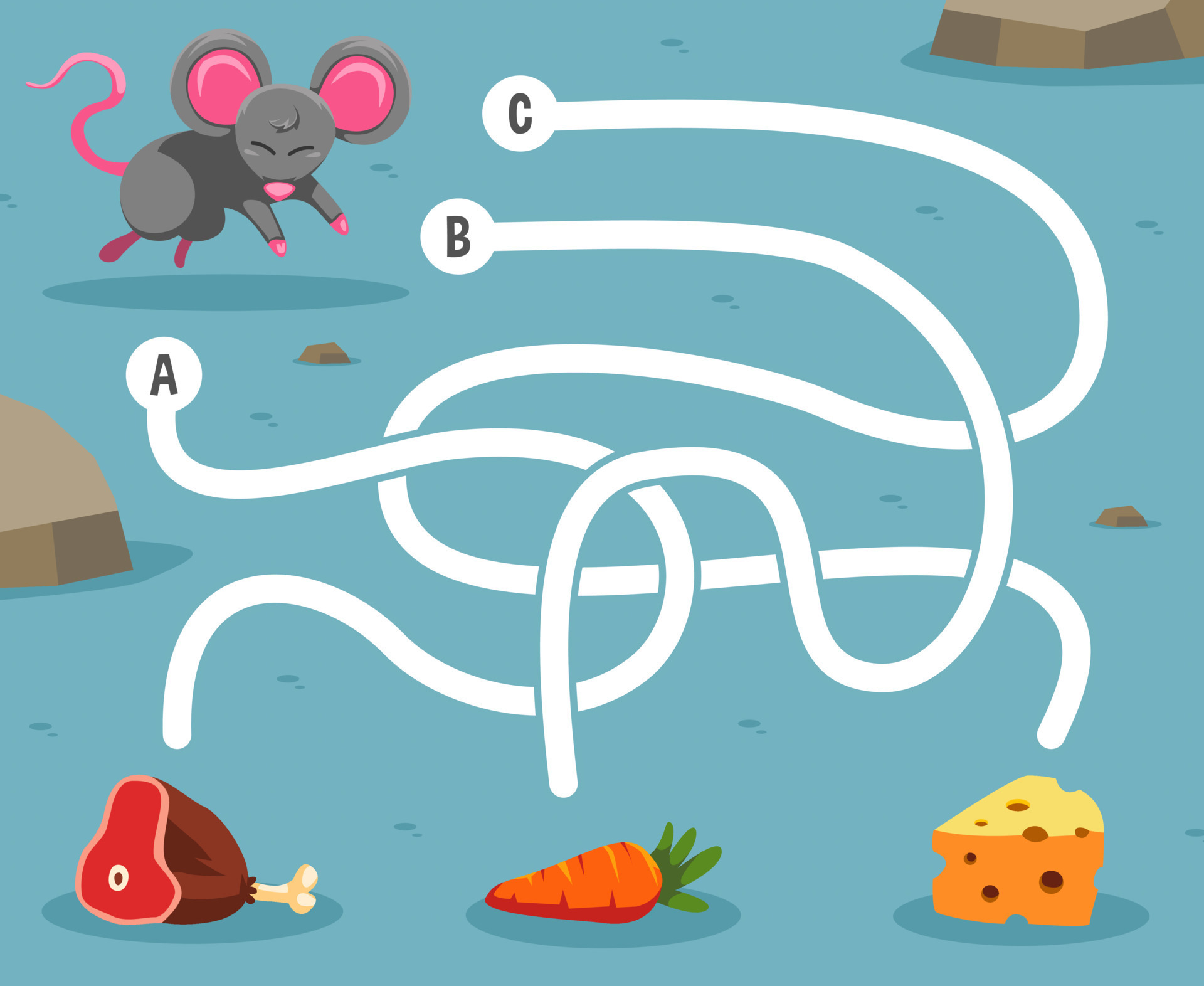 Maze puzzle game for children with cute cartoon animal mouse looking