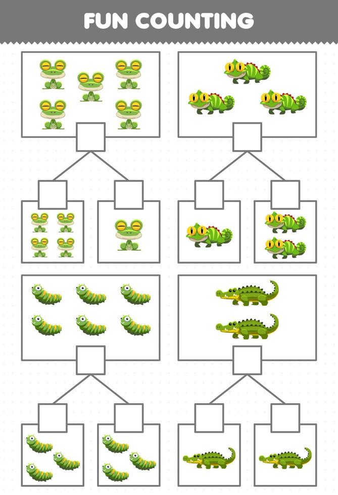 Education game for children fun counting picture in each box of cute cartoon green animal frog iguana caterpillar crocodile printable worksheet vector