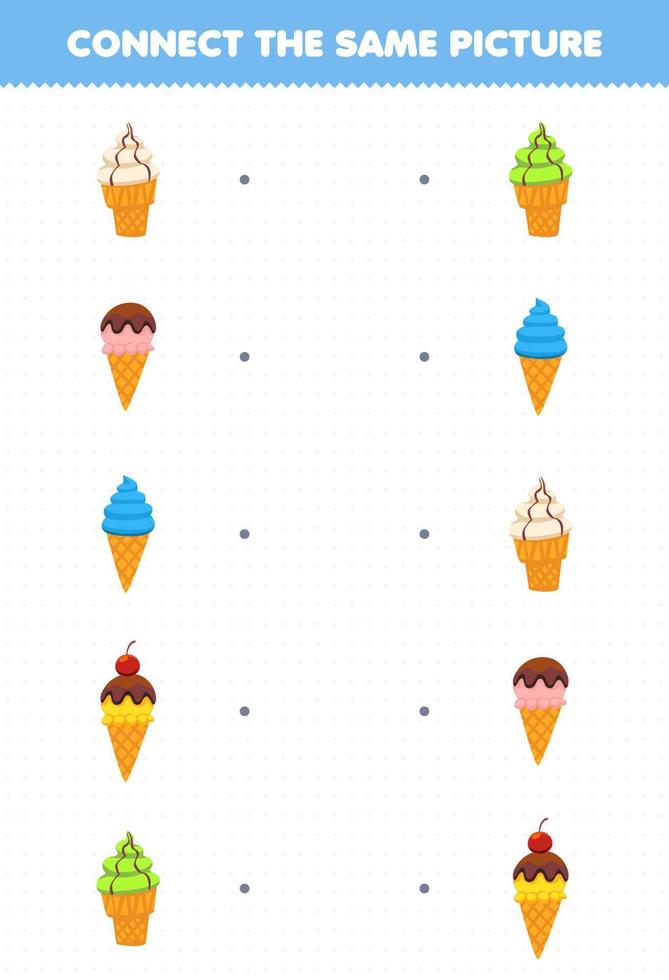 Education game for children connect the same picture of cartoon food ice cream printable worksheet vector