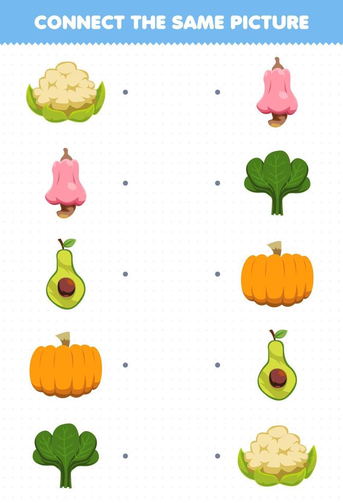 juego educativo para niños conecta la misma imagen de dibujos animados de frutas y verduras coliflor anacardo aguacate calabaza espinaca hoja de trabajo imprimible vector