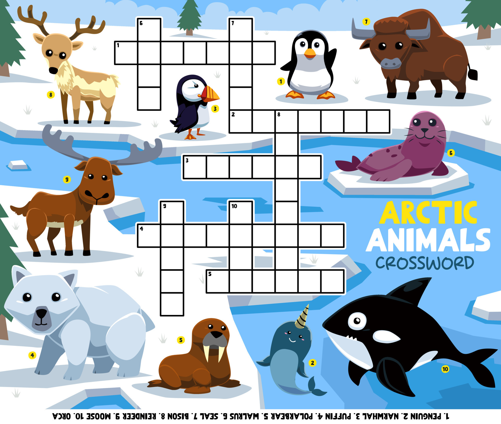 Education game crossword puzzle for learning english words with cute cartoon  arctic animals picture printable worksheet 9989483 Vector Art at Vecteezy