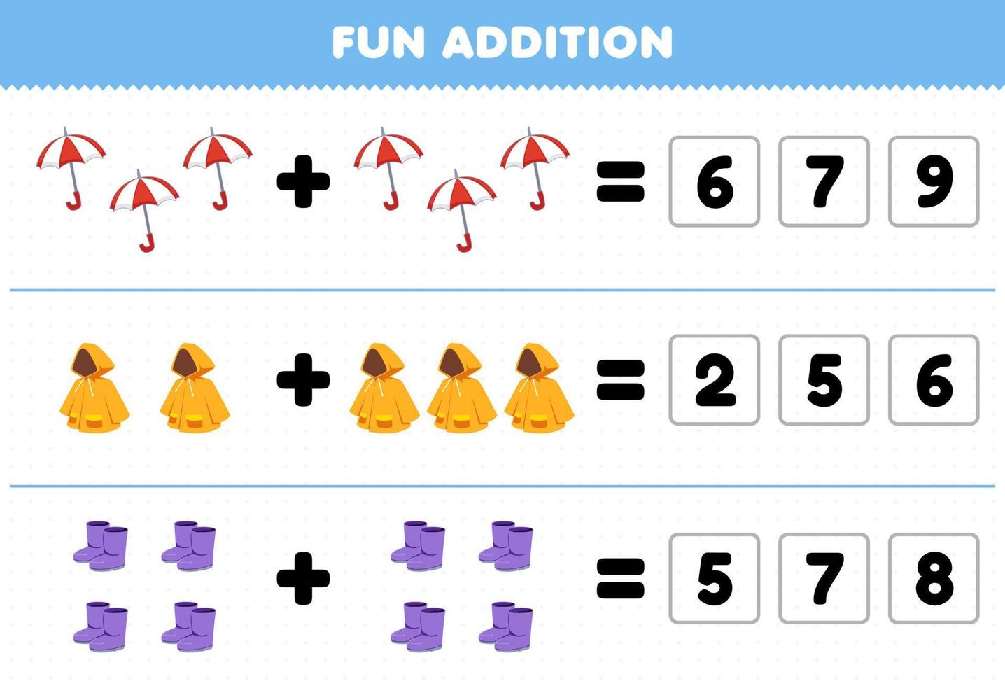 juego educativo para niños adición divertida adivinando el número correcto de ropa ponible impermeable paraguas bota hoja de trabajo imprimible vector