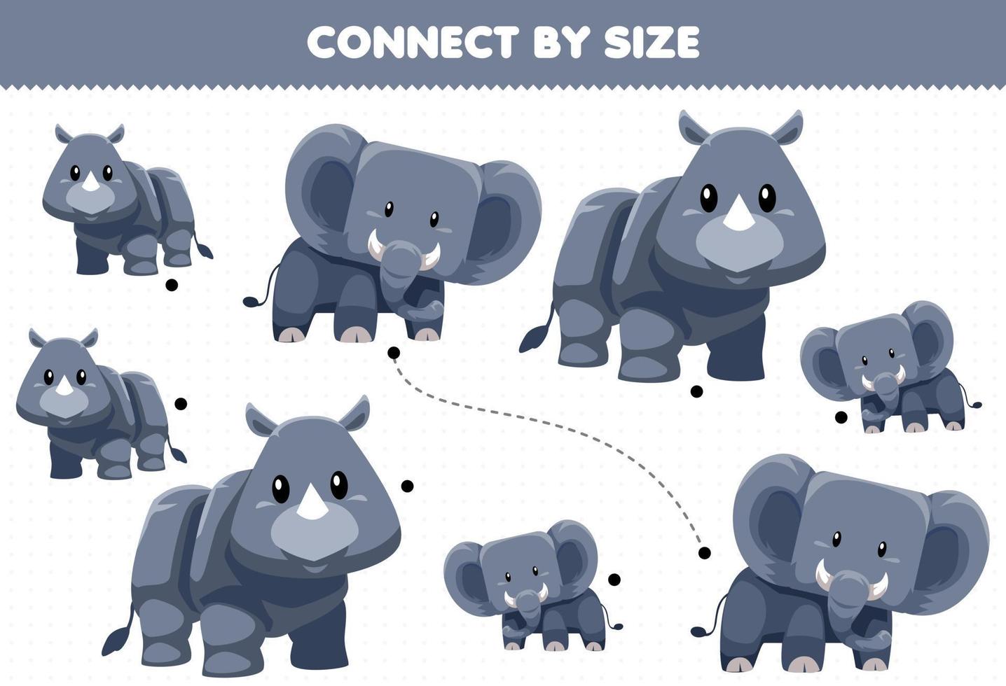 Educational game for kids connect by the size of cute cartoon animal elephant and rhino printable worksheet vector