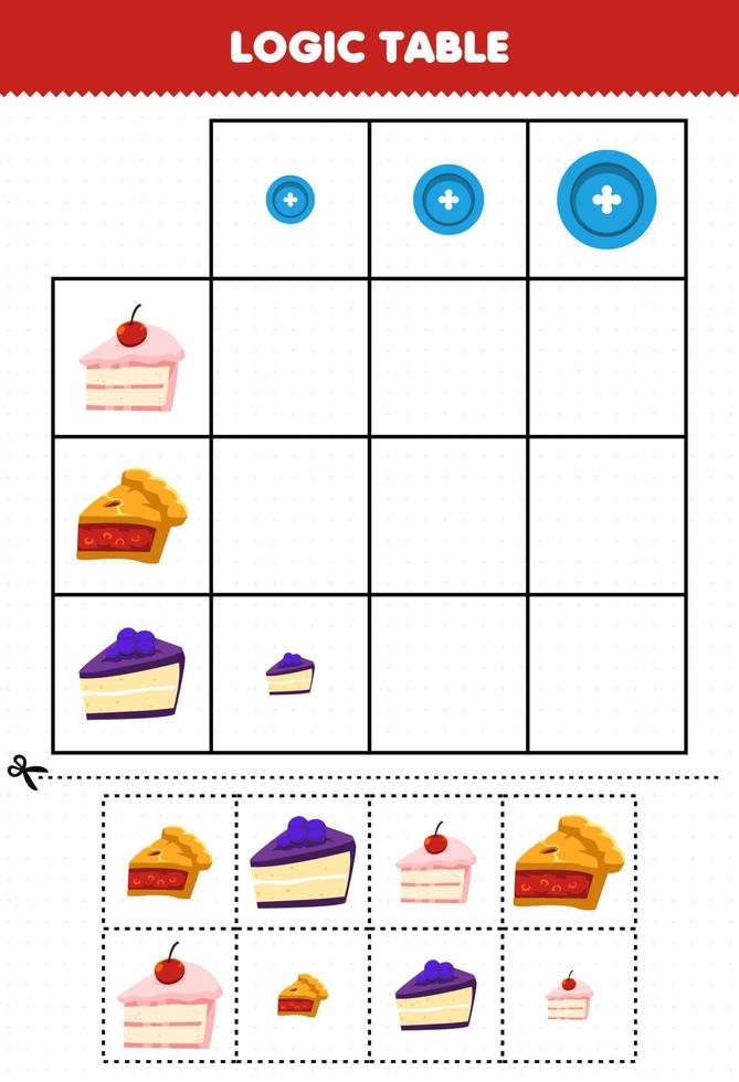 Education game for children logic table sorting size small medium or big of cartoon food cake pie picture printable worksheet vector