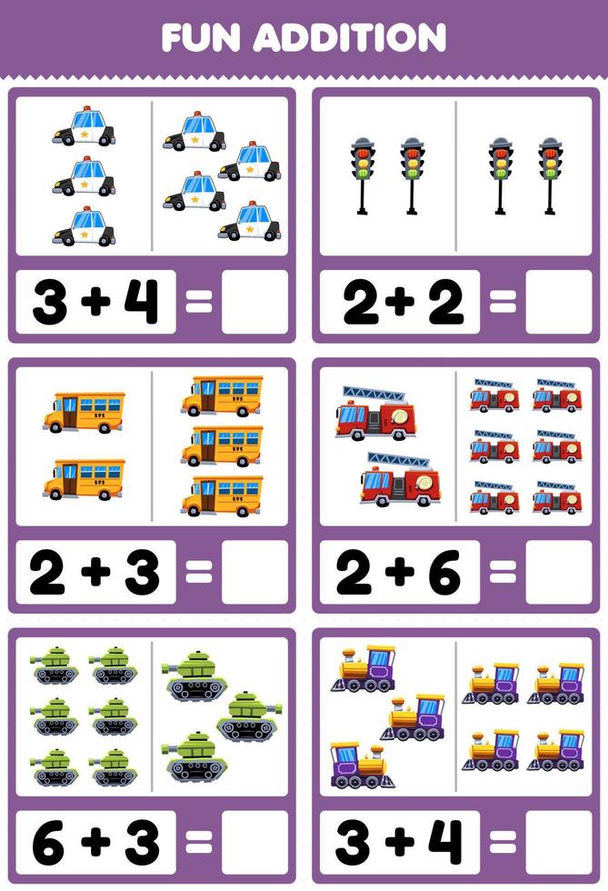 juego de educación para niños adición divertida contando y sumando dibujos animados lindo transporte coche de policía autobús camión de bomberos tanque tren locomotora imágenes hoja de trabajo vector