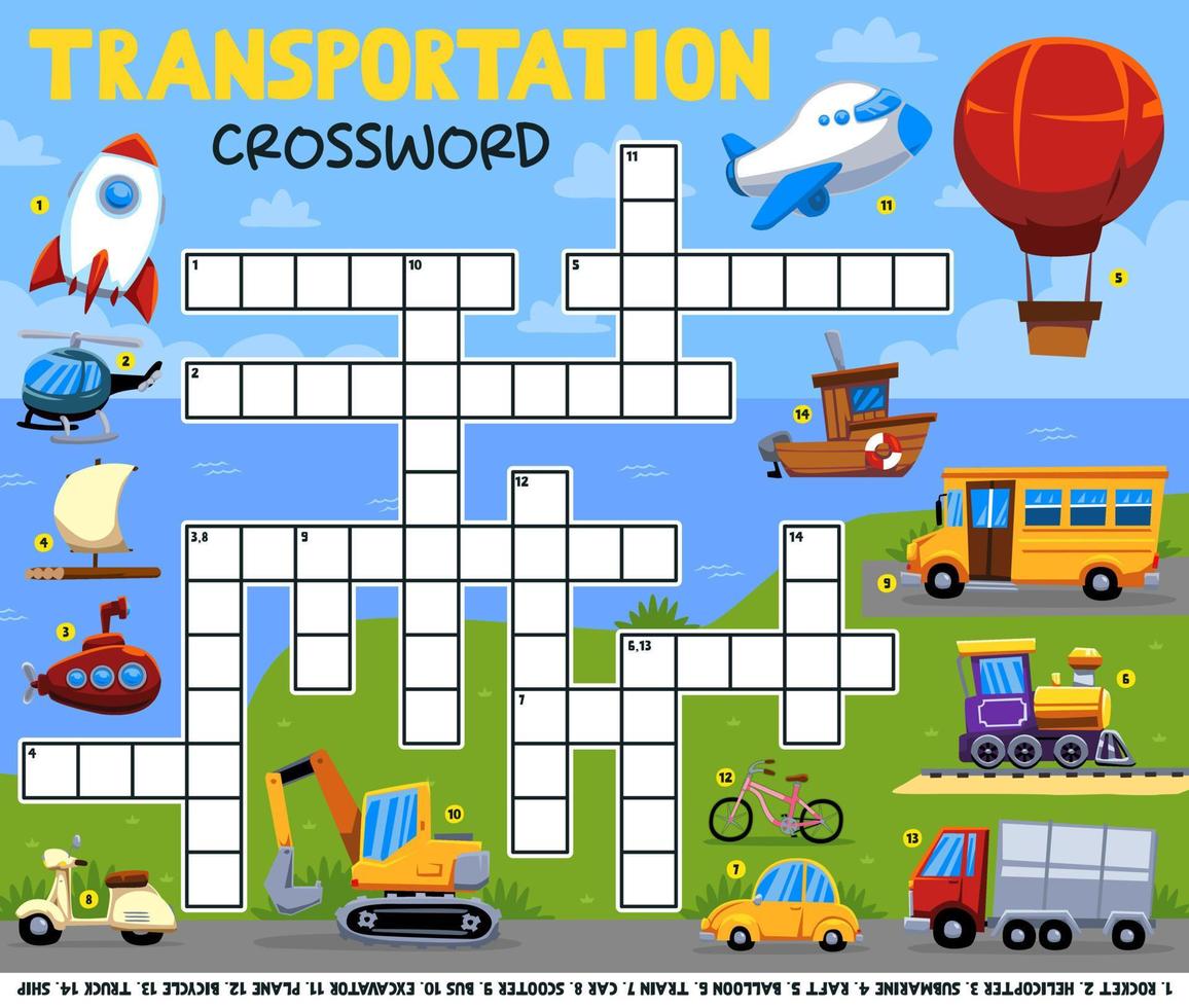 Education game crossword puzzle for learning english words with cartoon transportation picture printable worksheet vector