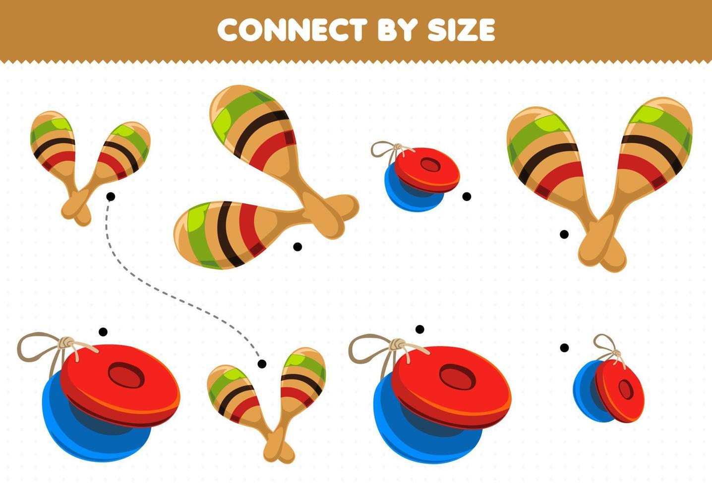 Educational game for kids connect by the size of cartoon music instrument castanet and maracas printable worksheet vector