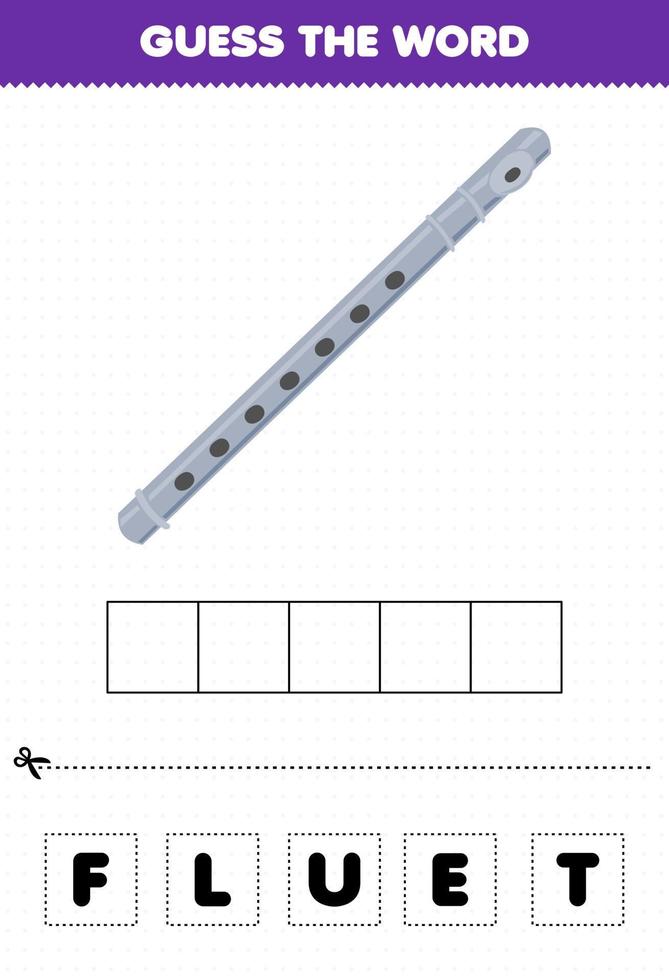 Education game for children guess the word letters practicing cartoon music instrument flute printable worksheet vector