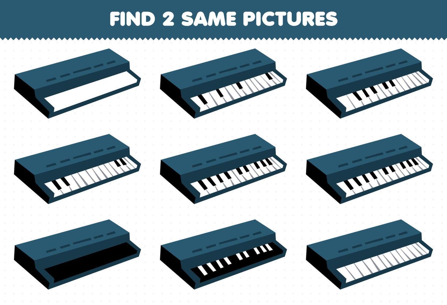 juego educativo para niños encontrar dos imágenes iguales teclado de instrumento de música de dibujos animados hoja de trabajo imprimible vector