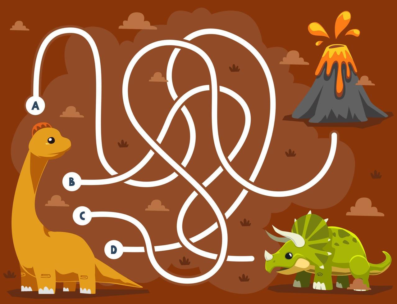 Maze puzzle game for children with cute cartoon prehistoric dinosaur brontosaurus triceratops and volcano vector