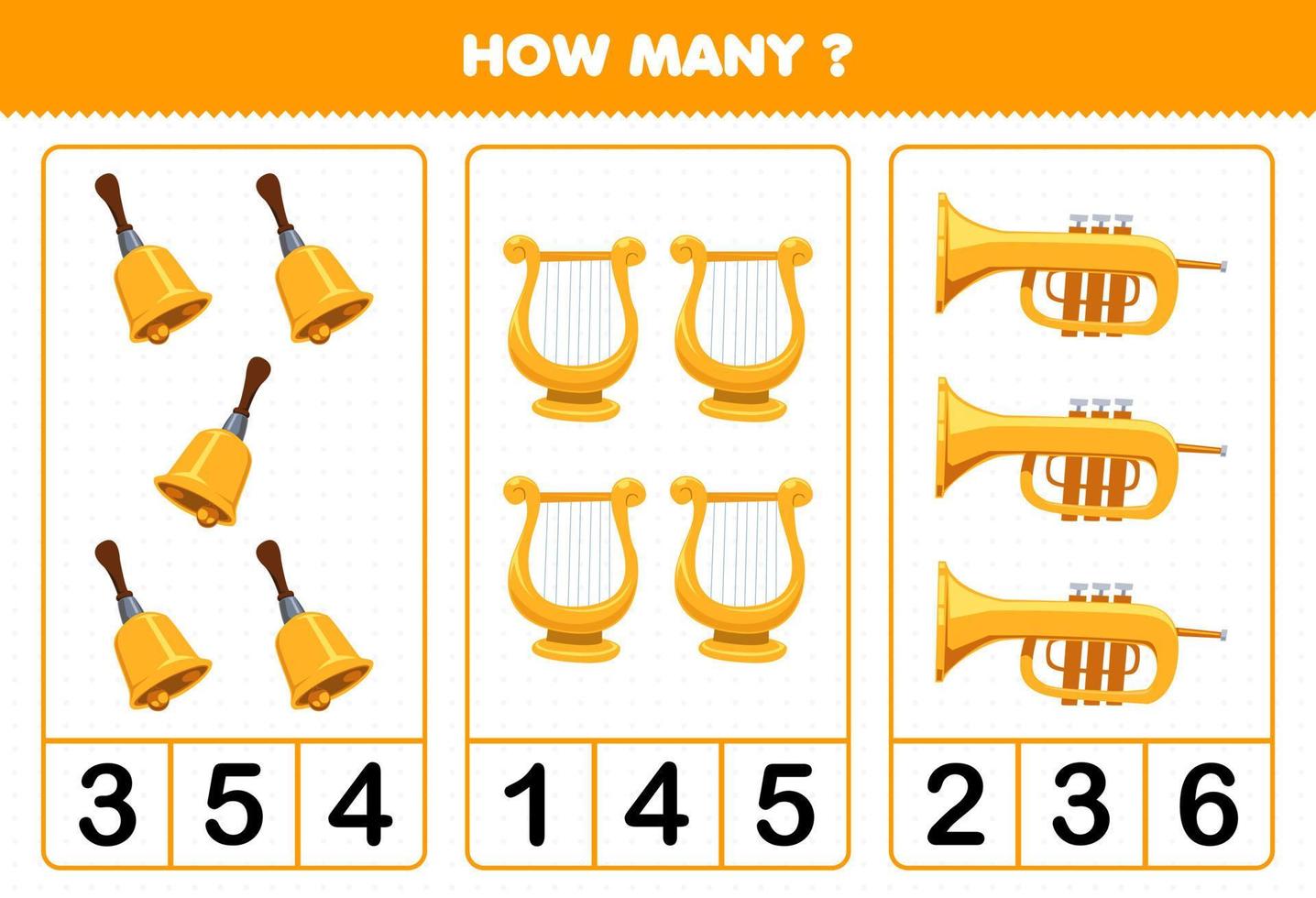 Education game for children counting how many cartoon music instrument bell lyre trumpet printable worksheet vector