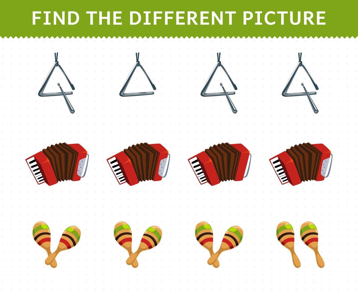 Education game for children find the different picture in each row of cartoon music instrument triangle accordion maracas printable worksheet vector