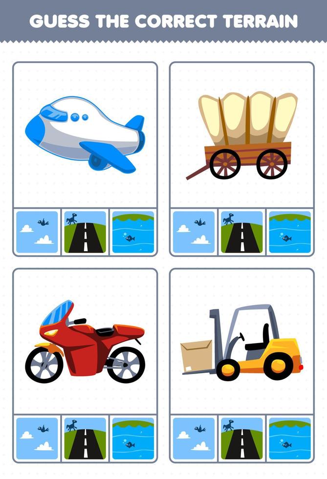 juego educativo para niños adivinar el terreno correcto aire tierra o agua de dibujos animados transporte avión vagón moto carretilla elevadora hoja de trabajo imprimible vector