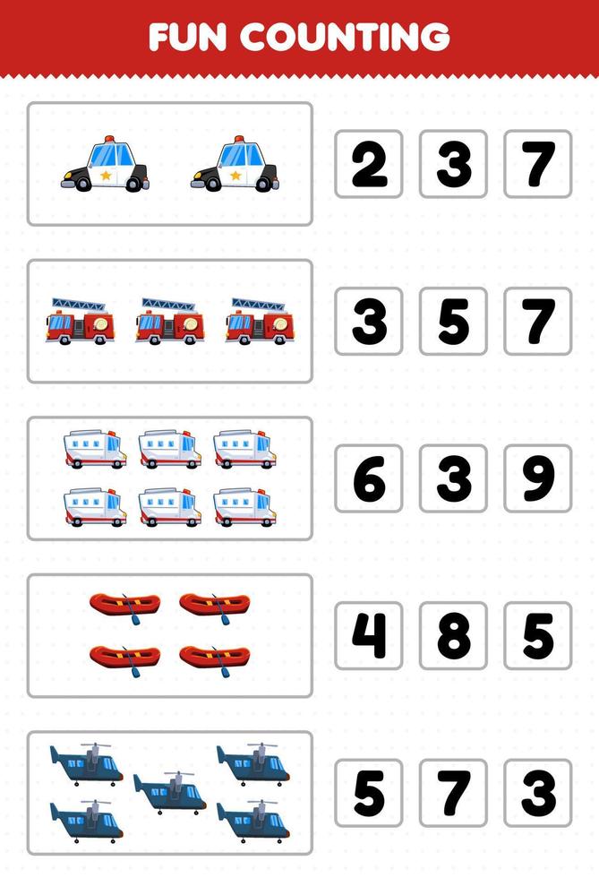 Education game for children fun counting and choosing the correct number of cartoon rescue transportation police car firetruck ambulance inflatable boat helicopter printable worksheet vector