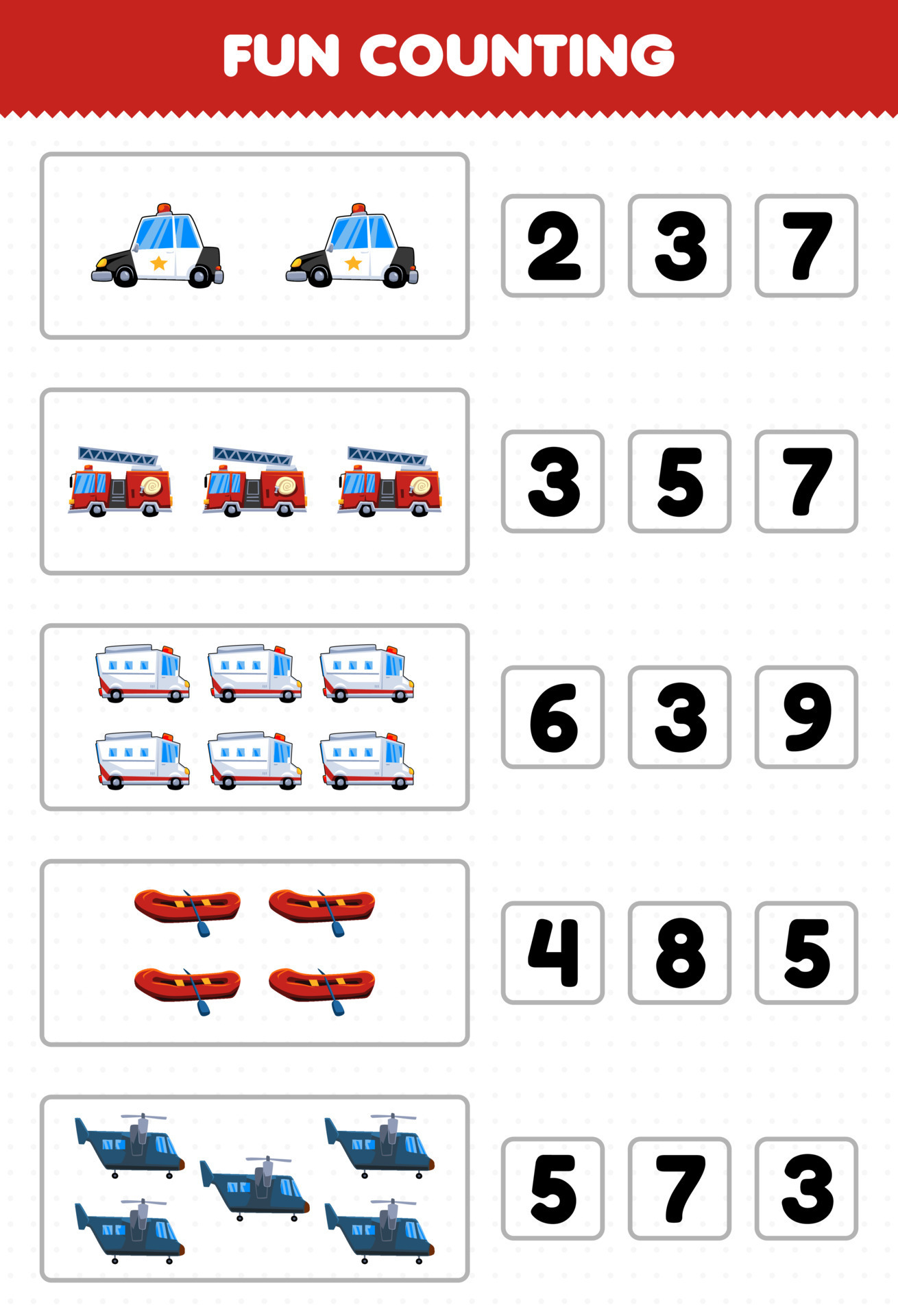 Education game for children fun counting and choosing the correct number of cartoon  rescue transportation police car firetruck ambulance inflatable boat  helicopter printable worksheet 9989514 Vector Art at Vecteezy