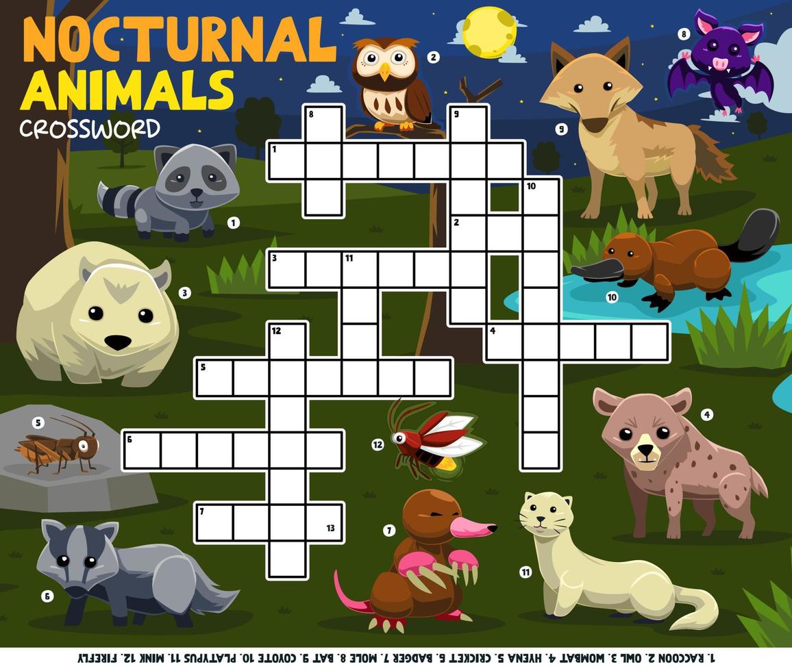 juego de educación crucigrama para aprender palabras en inglés con dibujos animados lindos animales nocturnos imagen hoja de trabajo imprimible vector
