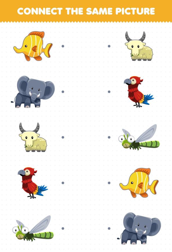 Education game for children connect the same picture of cute cartoon animal fish elephant goat parrot dragonfly printable worksheet vector