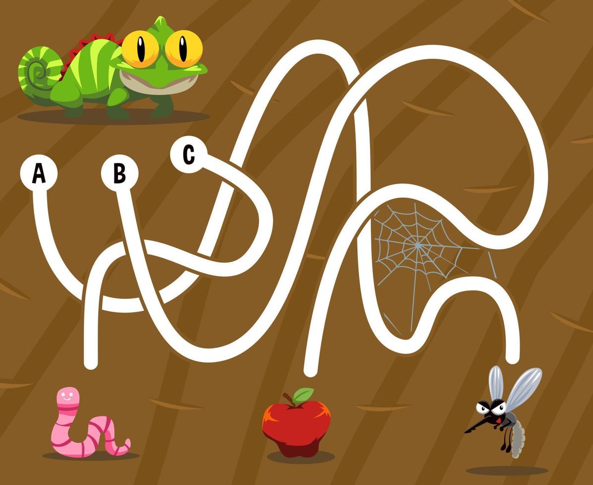 juego de rompecabezas de laberinto para niños con linda iguana animal de dibujos animados que buscan la hoja de trabajo imprimible correcta de gusano de comida manzana o mosquito vector