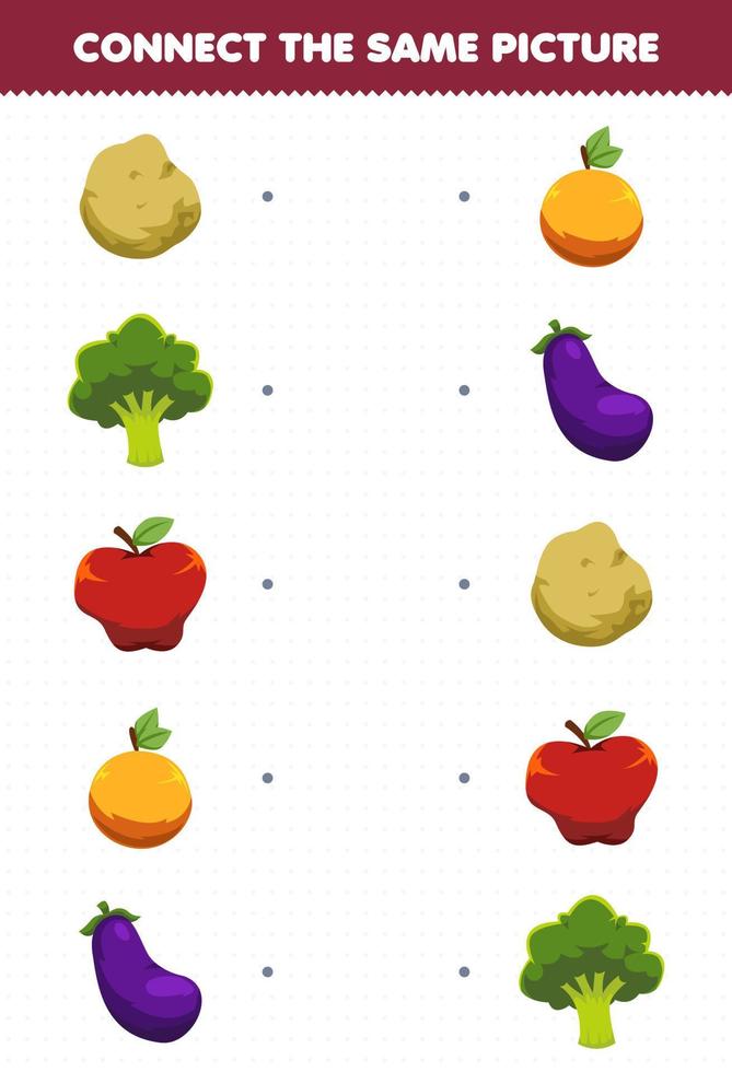 juego educativo para niños conectar la misma imagen de dibujos animados fruta y verdura patata brócoli manzana naranja berenjena hoja de trabajo imprimible vector