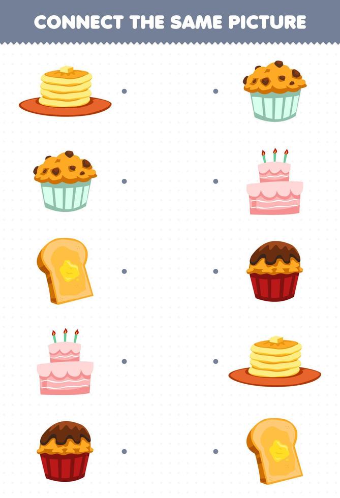 juego educativo para niños conecte la misma imagen de dibujos animados comida panqueque muffin tostada pastel cupcake hoja de trabajo imprimible vector