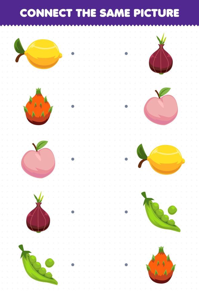 Education game for children connect the same picture of cartoon fruit and vegetable lemon dragon fruit peach shallot peas printable worksheet vector