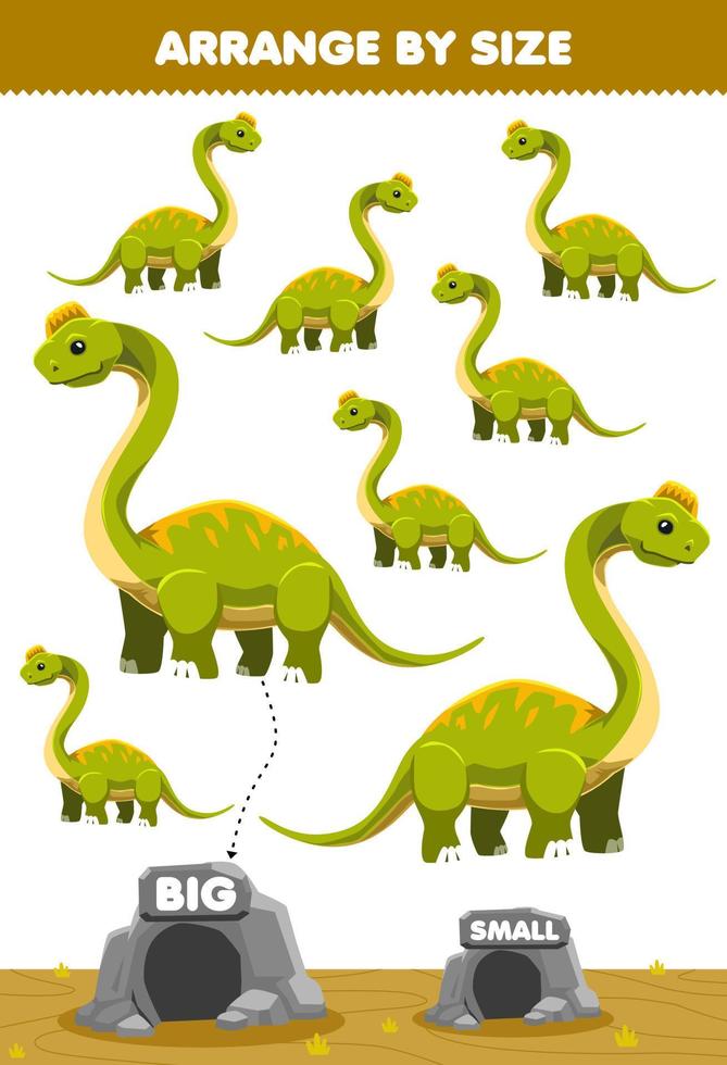 Education game for children arrange by size big or small move it in the cave cute cartoon prehistoric dinosaur ultrasaurus pictures vector