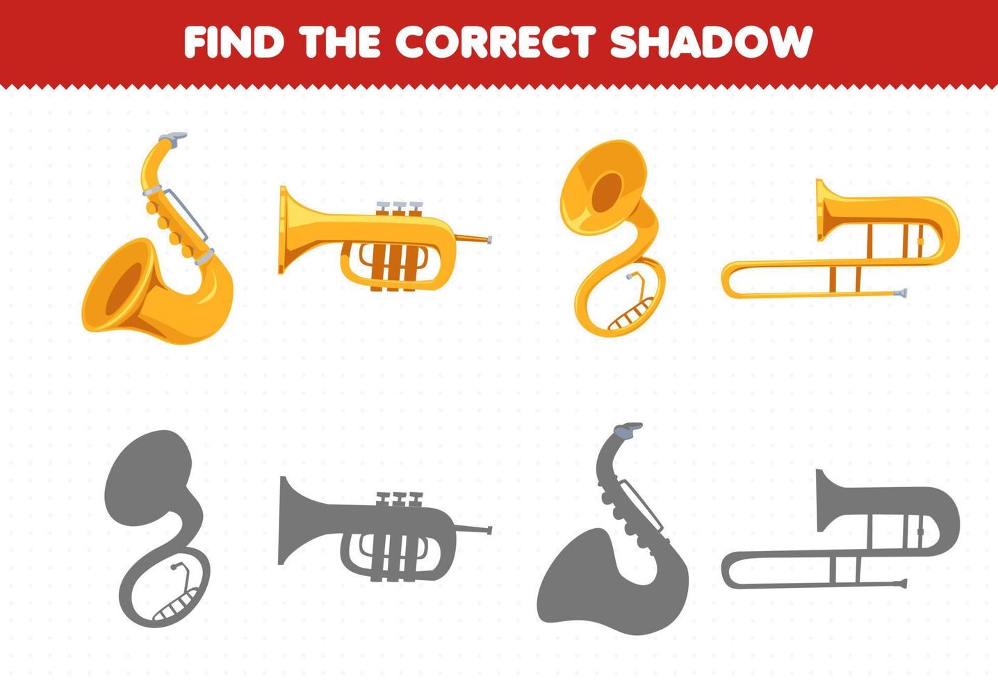 Education game for children find the correct shadow set of cartoon music instrument saxophone trumpet vector