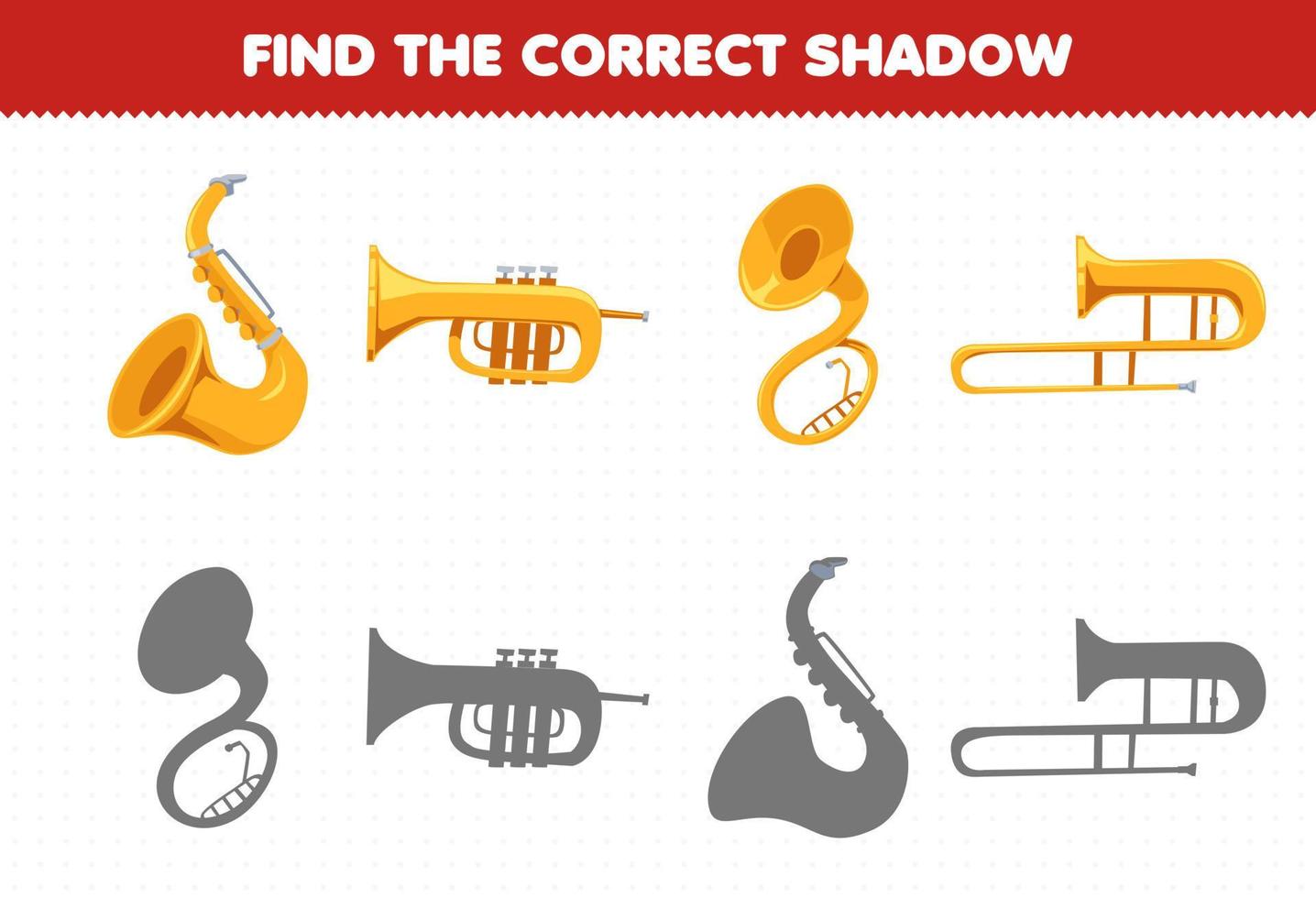 juego educativo para niños encontrar la sombra correcta conjunto de trompeta de saxofón de instrumento de música de dibujos animados vector