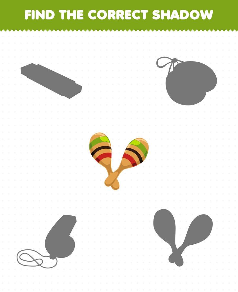 Education game for children find the correct shadow set of cartoon music instrument maracas vector