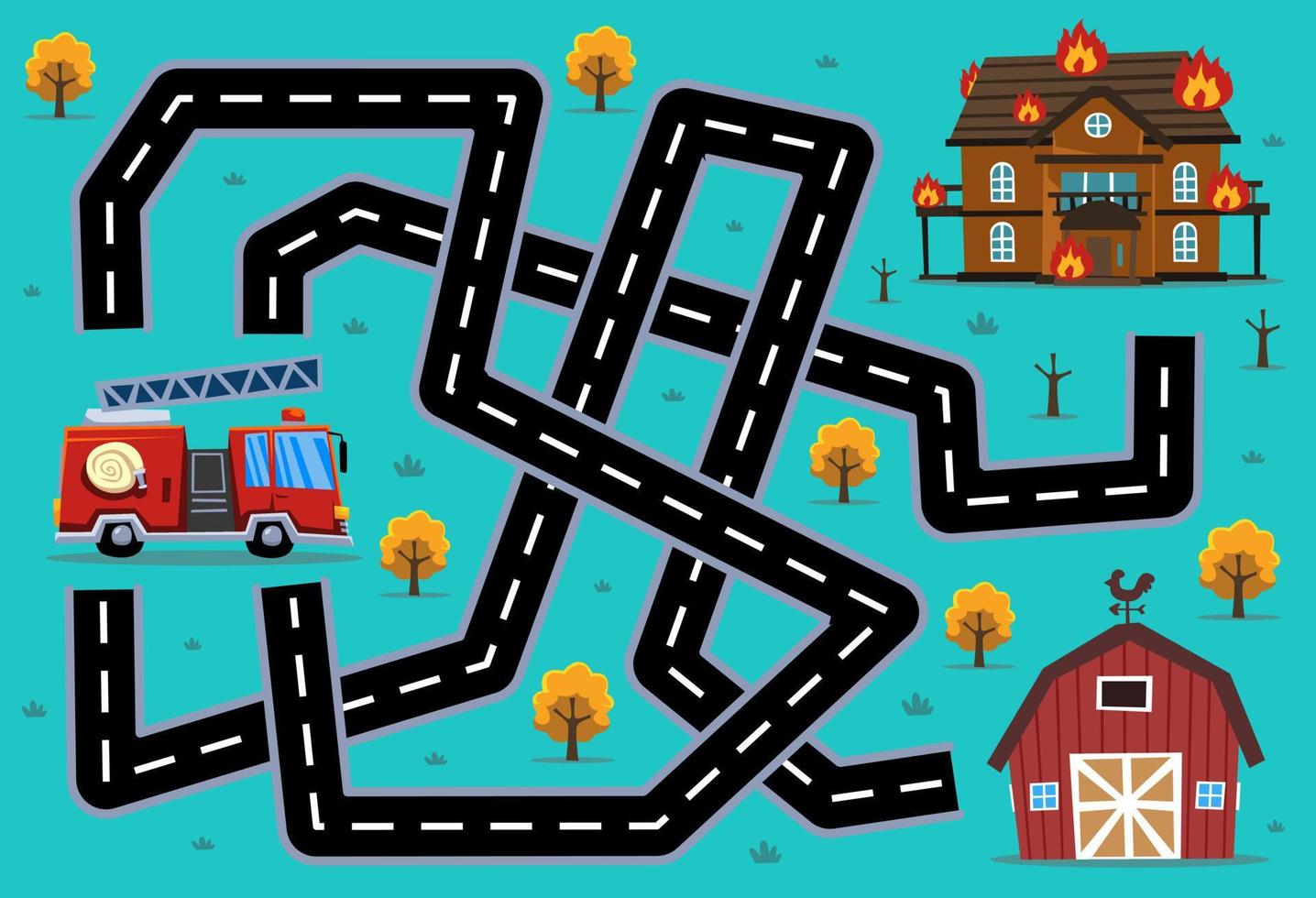 Maze puzzle game for children help cartoon rescue transportation firetruck find the right path to the fire house or barn vector