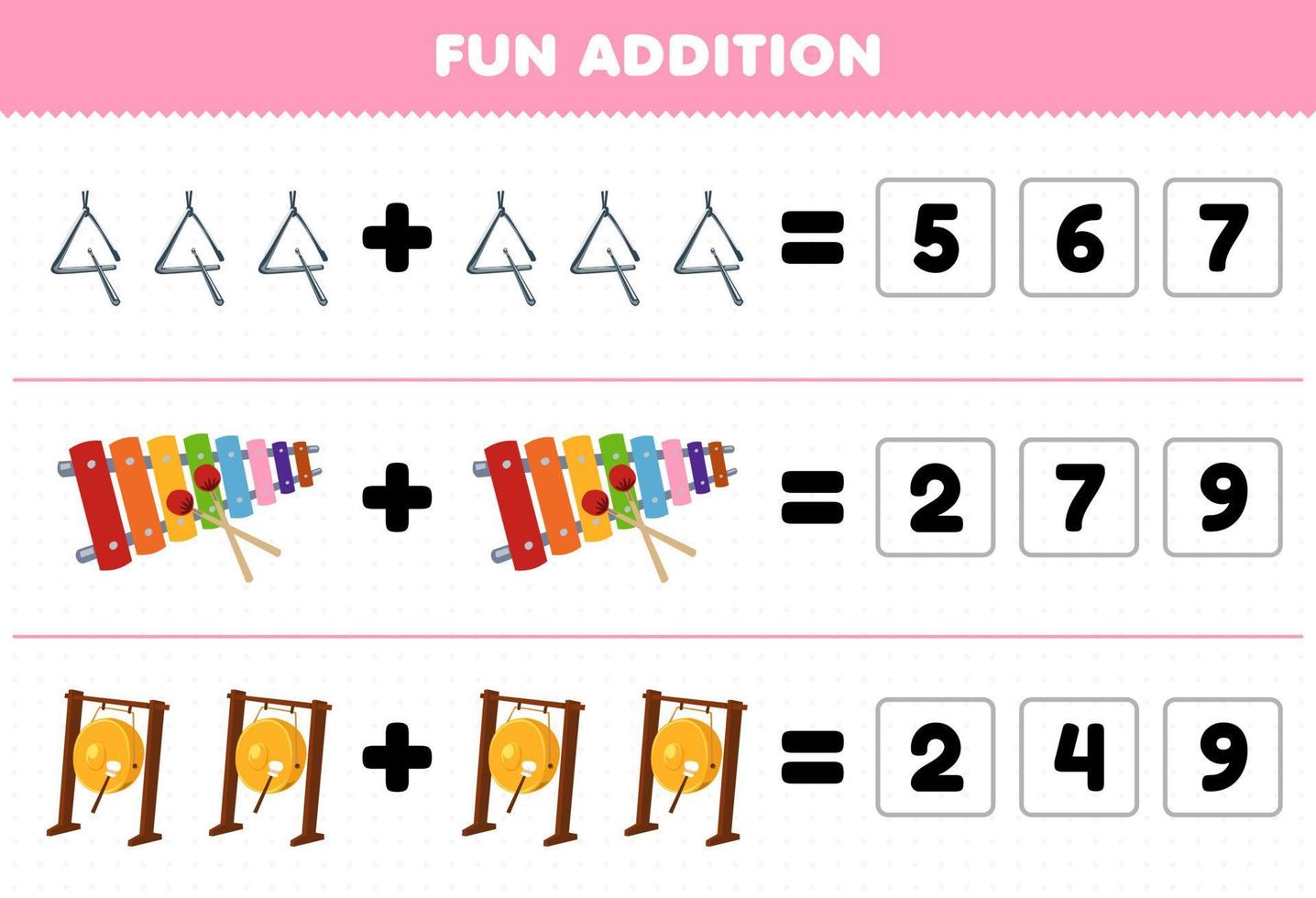 Education game for children fun addition by guess the correct number of cartoon music instrument triangle xylophone gong printable worksheet vector