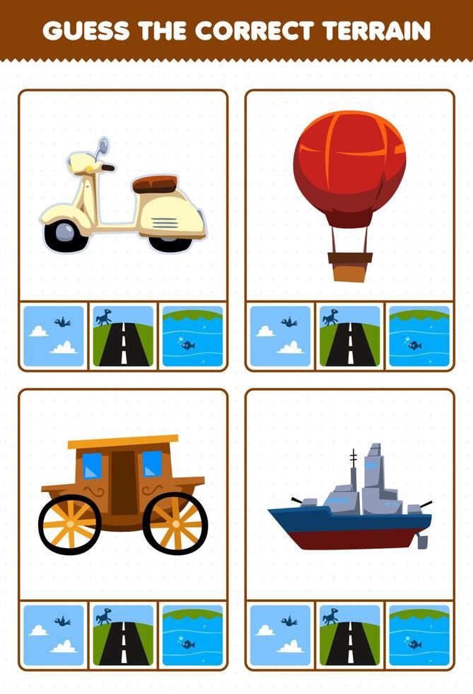 Education game for children guess the correct terrain air land or water of cartoon transportation scooter balloon carriage battleship printable worksheet vector