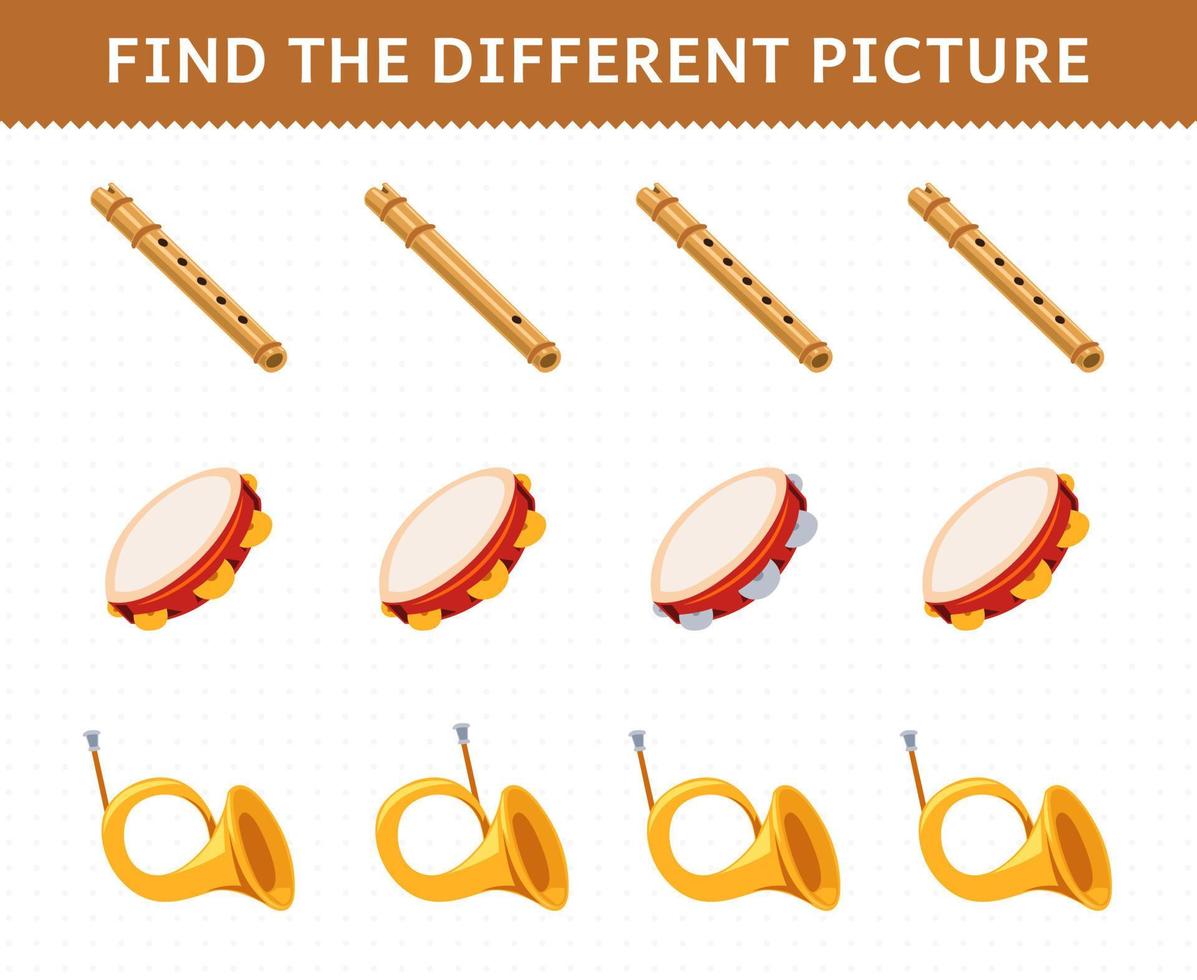 Education game for children find the different picture in each row of cartoon music instrument flute tambourine horn printable worksheet vector