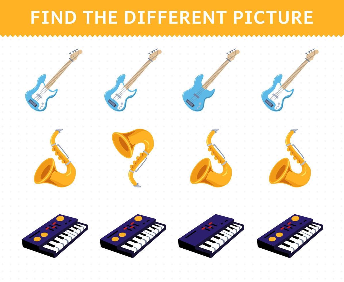 Education game for children find the different picture in each row of cartoon music instrument bass saxophone synthesizer printable worksheet vector