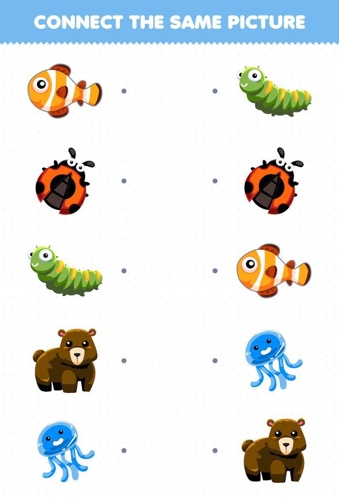 juego educativo para niños conecta la misma imagen de dibujos animados lindo animal pez mariquita oruga oso medusa hoja de trabajo imprimible vector