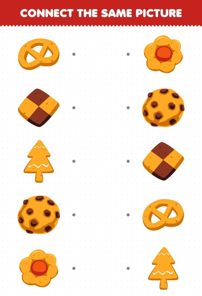 Education game for children connect the same picture of cartoon food cookie biscuit printable worksheet vector