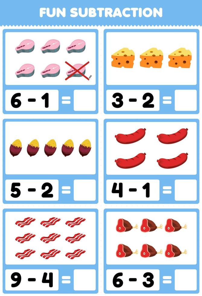 Education game for children fun subtraction by counting and eliminating cartoon food salmon cheese yam sausage bacon beef worksheet vector