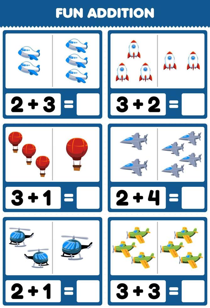 Education game for children fun addition by counting and sum cute cartoon flying transportation plane rocket balloon jet fighter helicopter airplane pictures worksheet vector