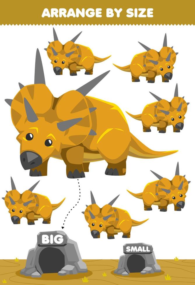 juego educativo para niños ordenar por tamaño grande o pequeño moverlo en la cueva dibujos animados lindo dinosaurio prehistórico xenoceratops imágenes vector