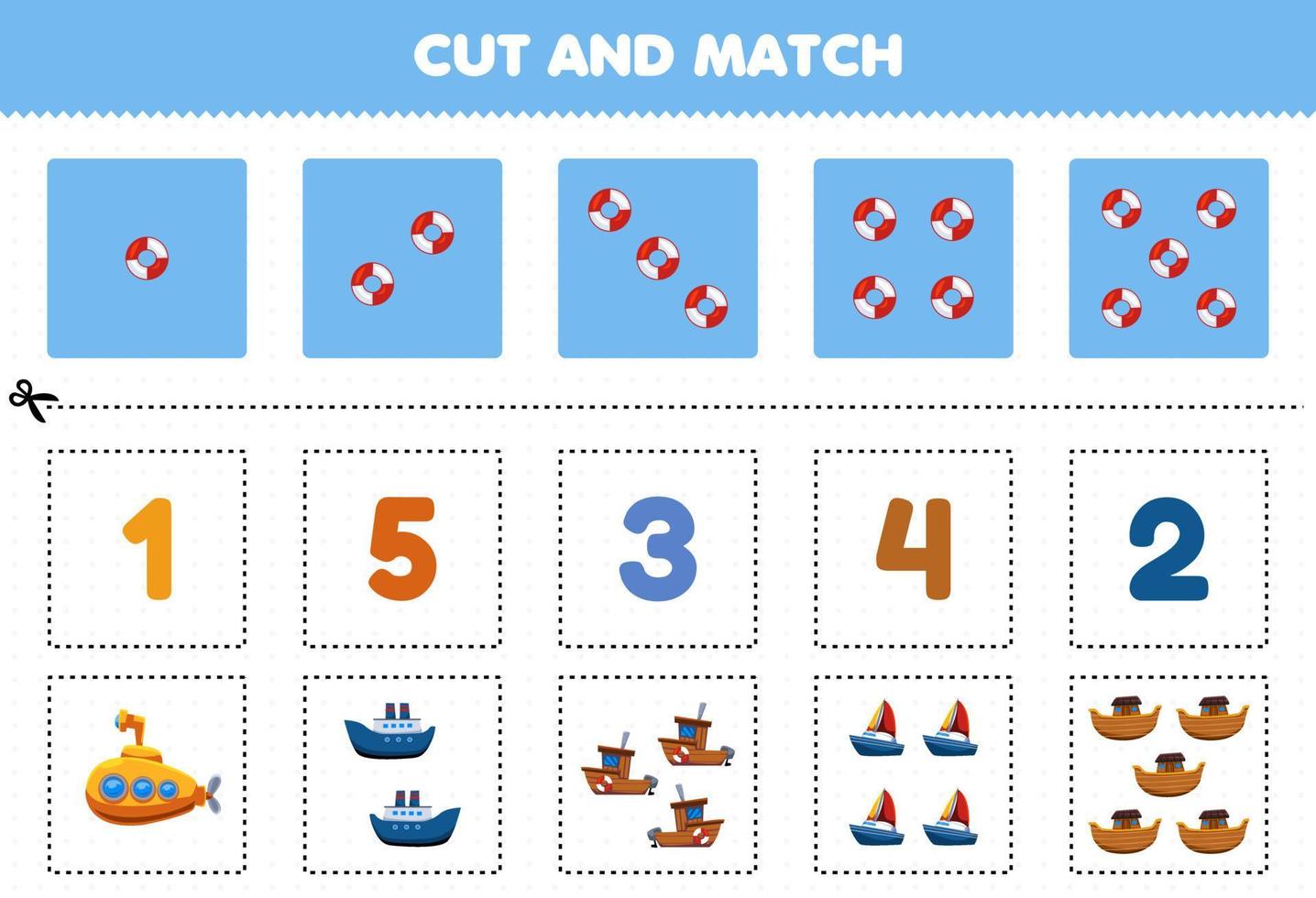 Education game for children cut and match the same number of cute cartoon water transportation submarine ferry ship boat sailboat ark printable worksheet vector
