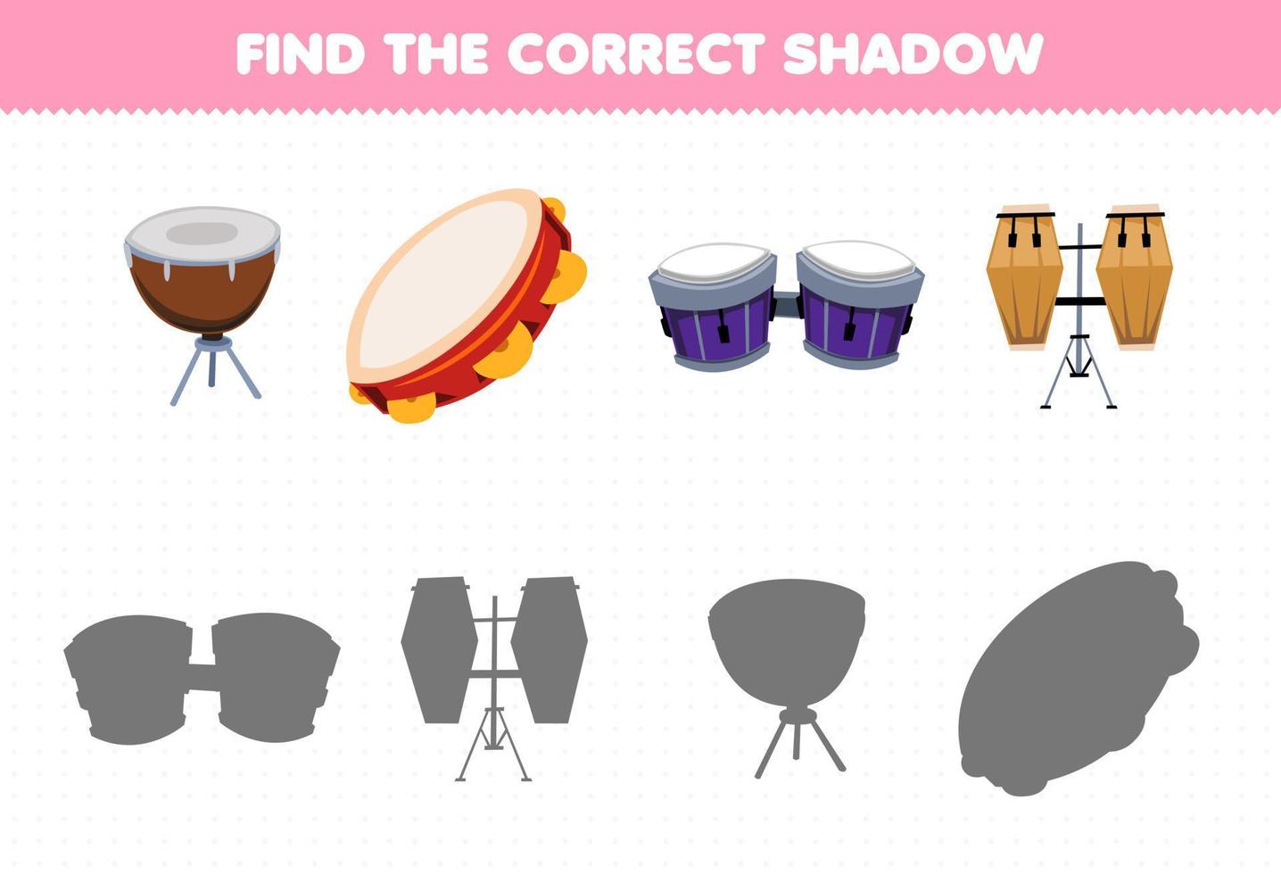 Education game for children find the correct shadow set of cartoon music instrument drum bango conga tambourine vector