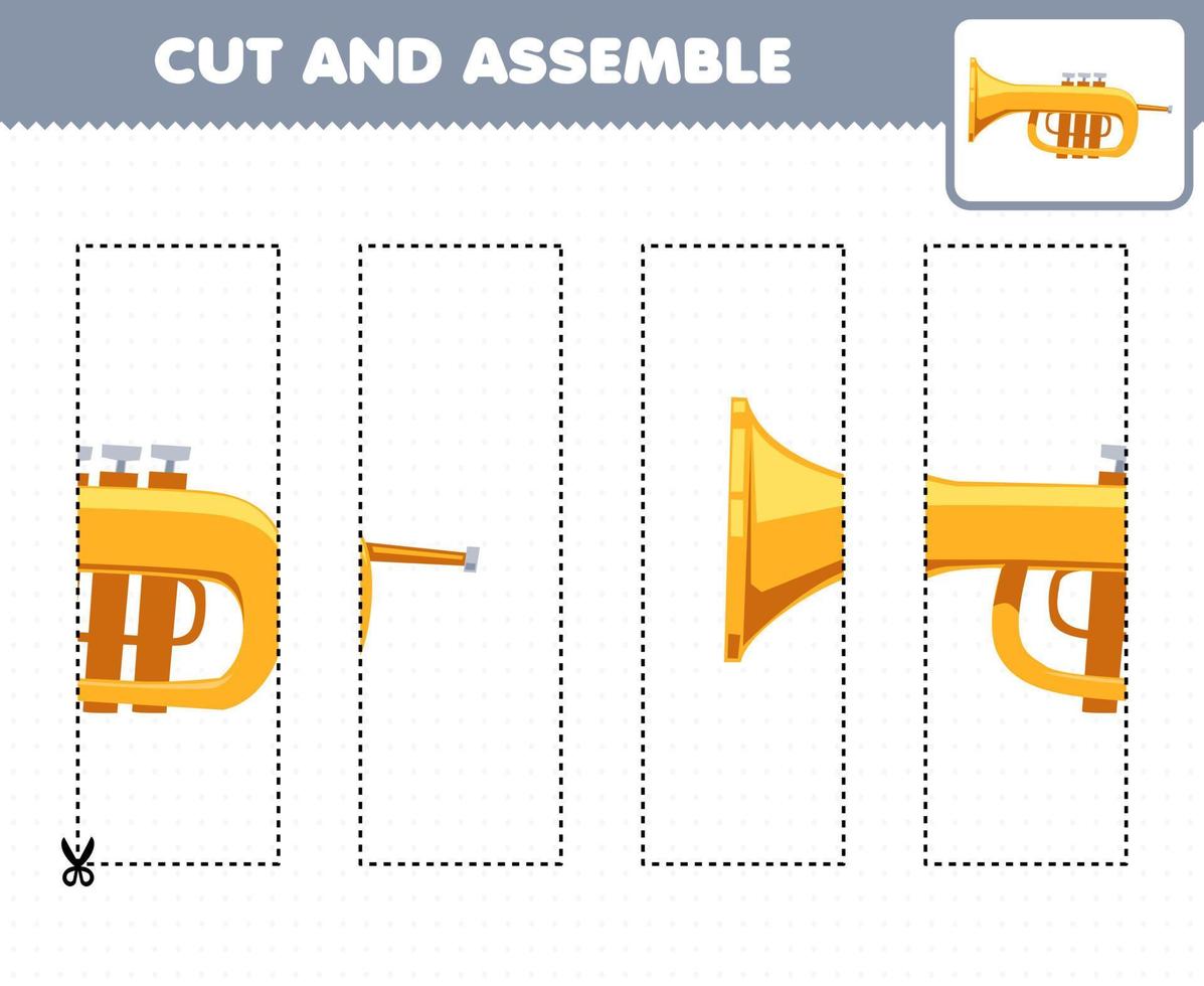 Education game for children cutting practice and puzzle with cartoon instrument trumpet printable worksheet 9989603 Vector Art at Vecteezy