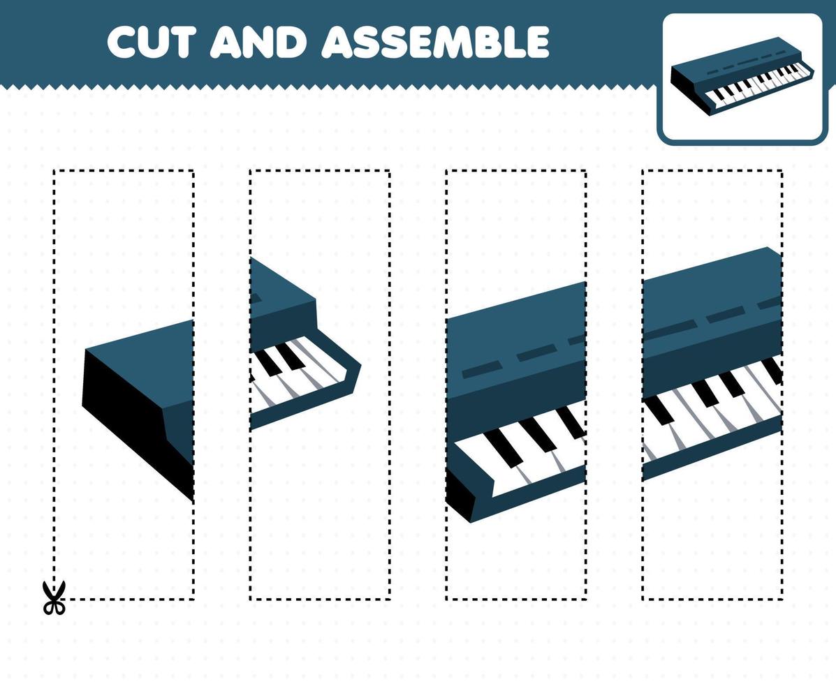 juego educativo para niños, práctica de corte y ensamblaje de rompecabezas con dibujos animados, instrumento musical, teclado, hoja de trabajo imprimible vector