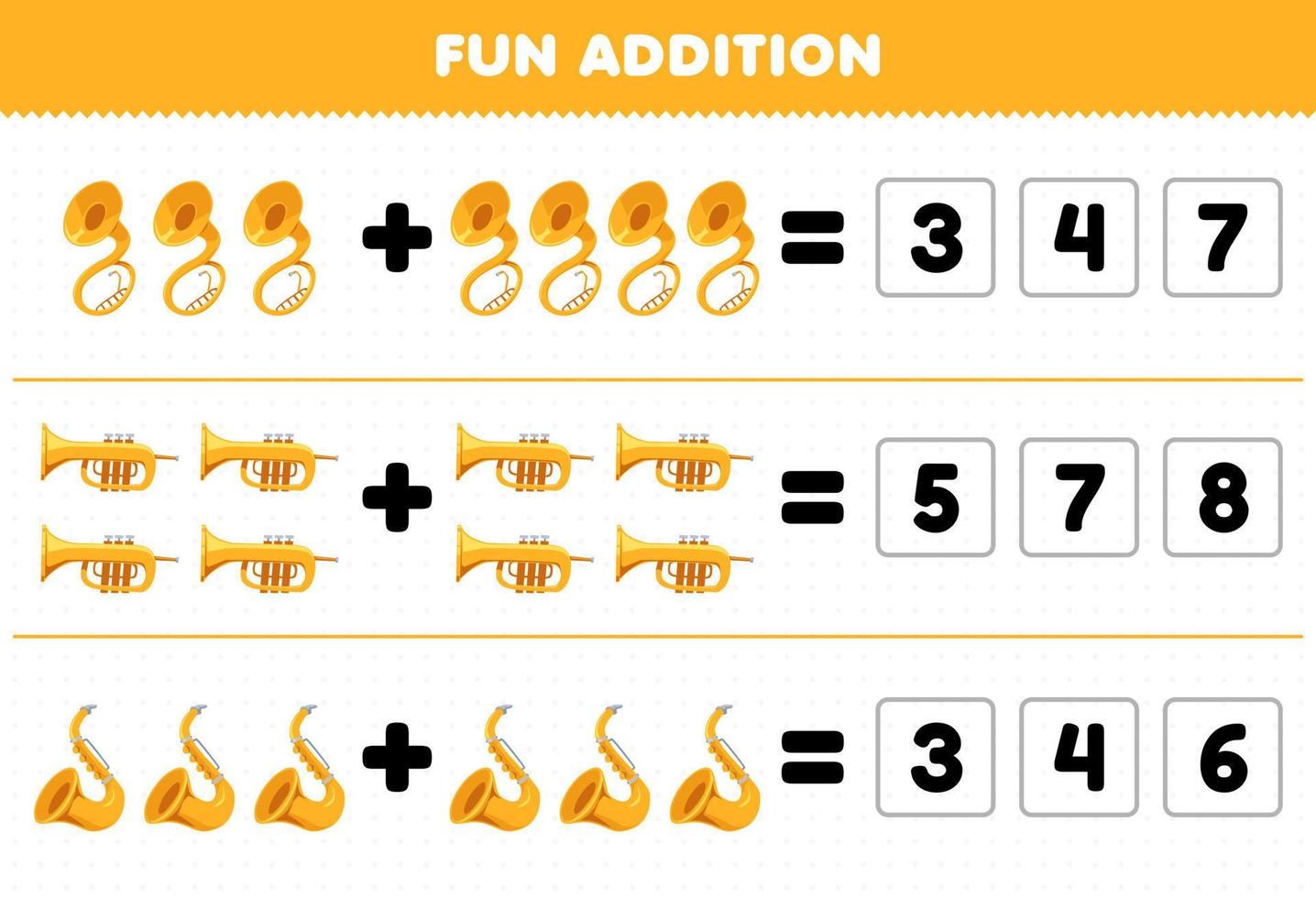 Education game for children fun addition by guess the correct number of cartoon music instrument sousaphone trumpet saxophone printable worksheet vector