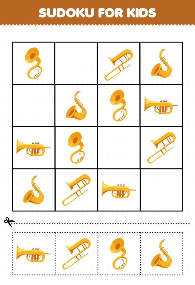 juego educativo para niños sudoku para niños con dibujos animados instrumento musical sousaphone trombón saxofón trompeta imagen hoja de trabajo imprimible vector